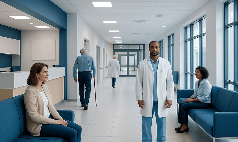 Modern hospital corridor with patients and medical staff.
