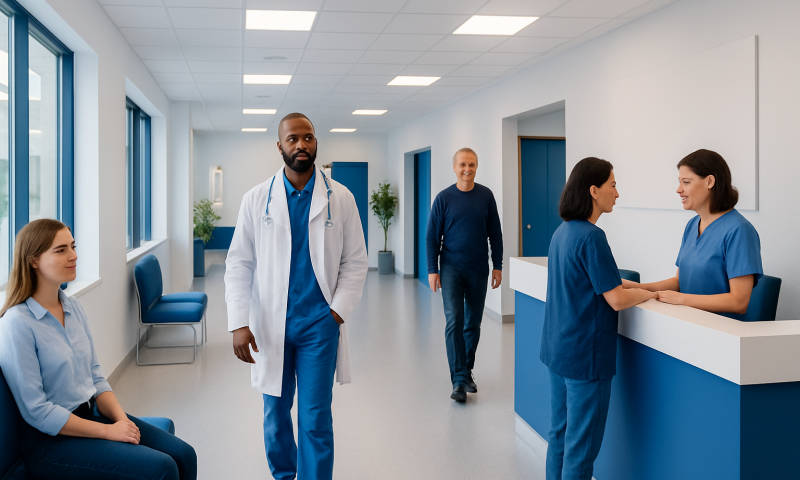 Healthcare professionals and patients in a modern hospital corridor.