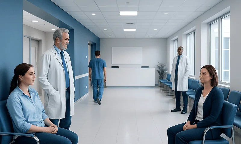 Medical consultation in a modern hospital waiting area with doctors and patients.