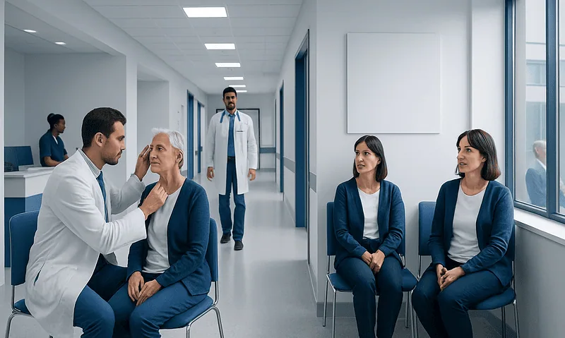 Doctor examining elderly woman's eye in a modern clinic setting.