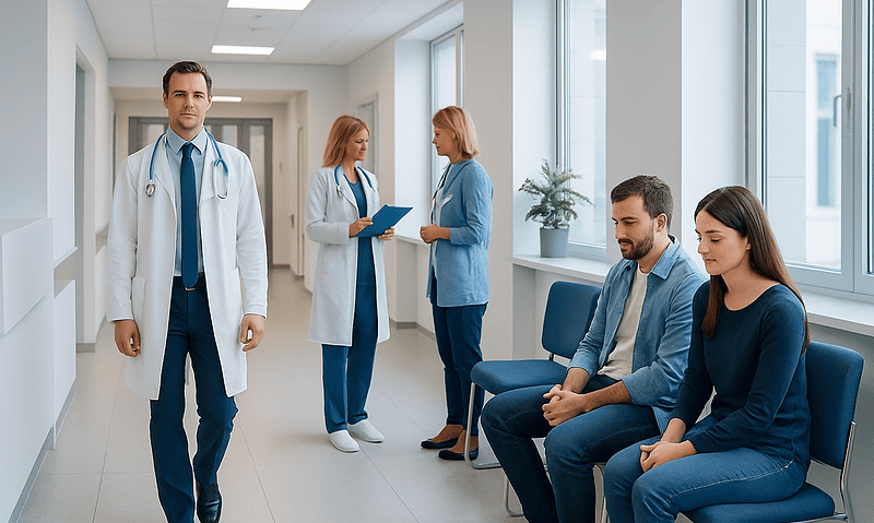 When to See a Fertility Specialist for Infertility 7 Medical team consulting with patients in a modern hospital corridor.