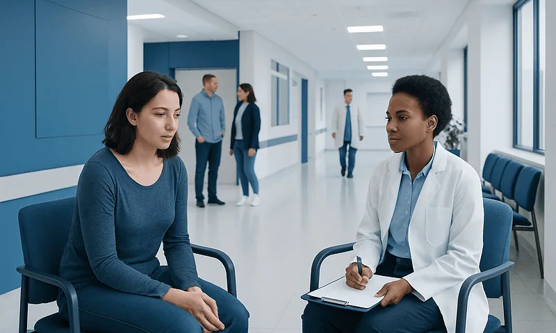 Doctor consulting with a woman patient in a hospital corridor.