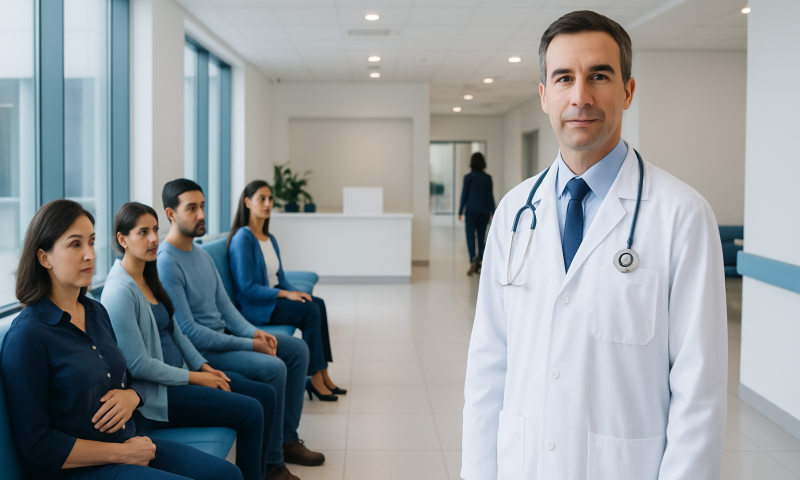 Doctor with patients in a hospital waiting area.