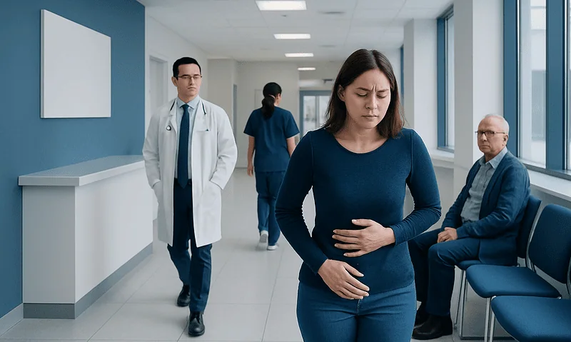 Woman experiencing stomach pain in hospital corridor with medical staff nearby.