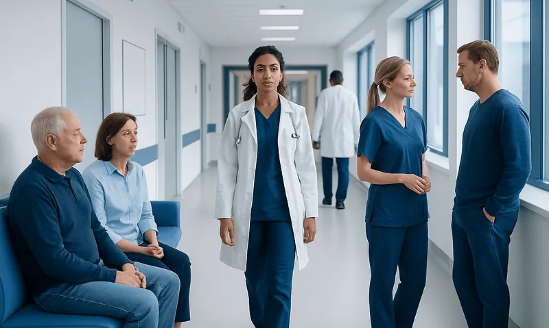 Medical team discussing patient care in hospital corridor.