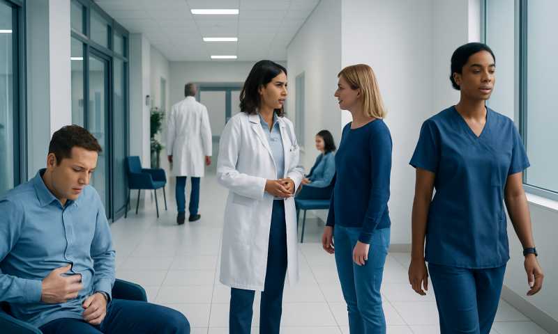 Medical professionals and patients in a hospital corridor.