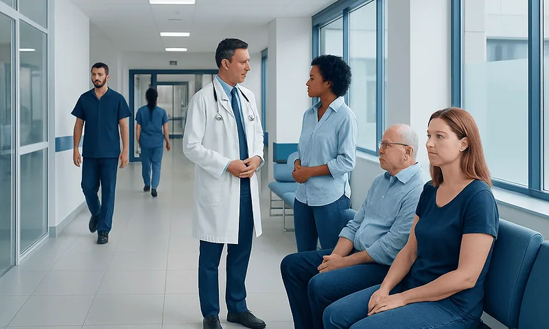 Doctor consulting with patients in hospital corridor.