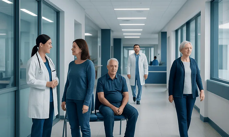 Patients waiting in a hospital corridor with medical staff present.