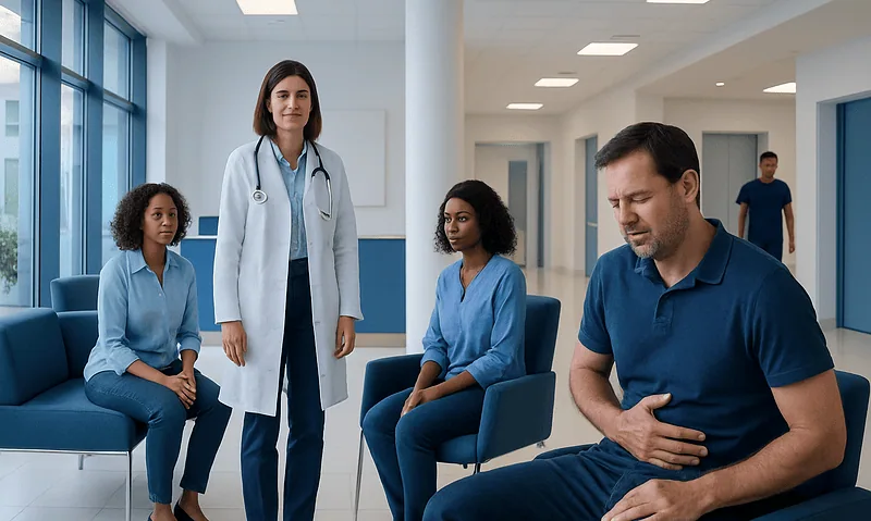 Doctor examining a patient with stomach pain in a hospital corridor.