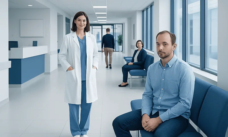 Medical consultation at Acibadem Hospital with doctor and patient in waiting area.