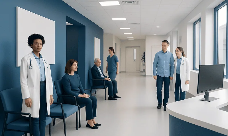Medical professionals and patients in a modern hospital corridor.