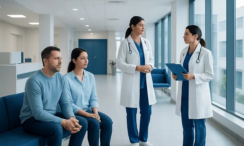 Medical consultation in a modern hospital with doctors and patients.