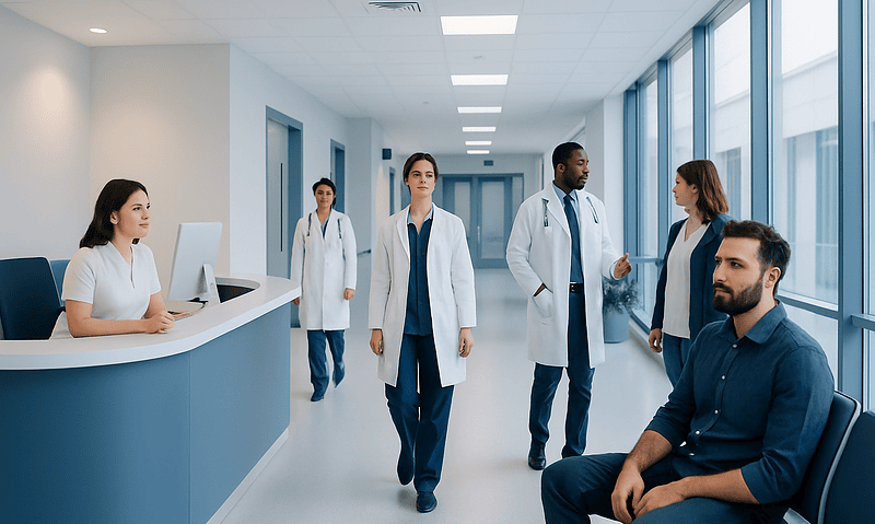 Medical team in hospital corridor preparing for patient consultation.