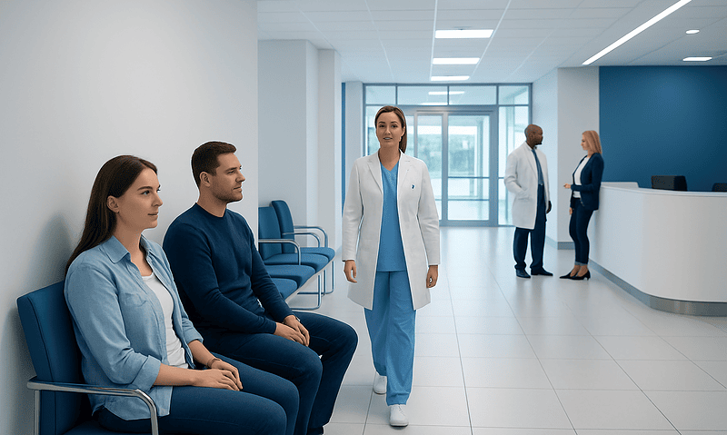 Patients waiting in a modern hospital lobby with medical staff nearby.