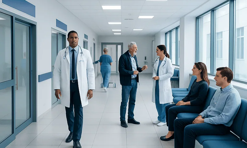 Medical professionals and patients in a modern hospital corridor.