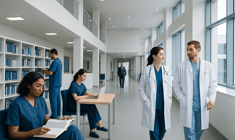 Medical professionals in a modern hospital corridor with large windows.