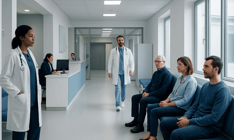 Medical consultation in a modern hospital corridor with doctors and patients.