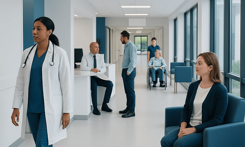 Healthcare professionals and patients in a modern hospital corridor.