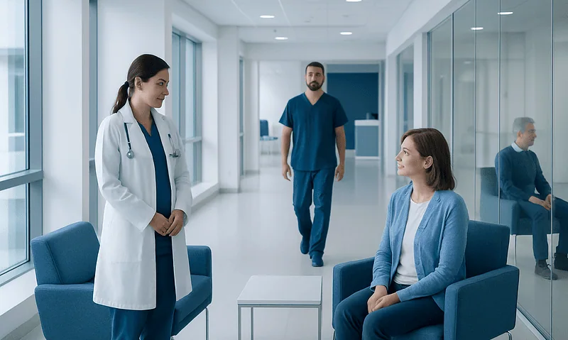 Doctor and patient in a hospital corridor with medical staff and visitors.