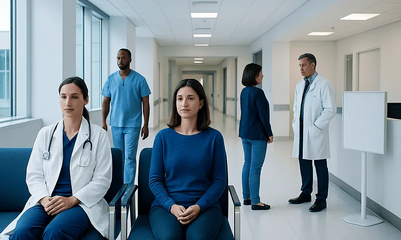 Medical consultation in a modern hospital corridor with doctors and patients.