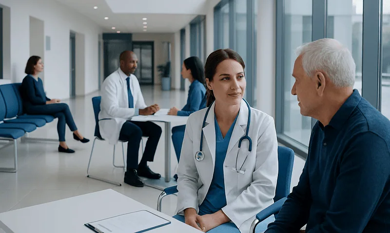 Doctor consulting with patient in modern hospital corridor.