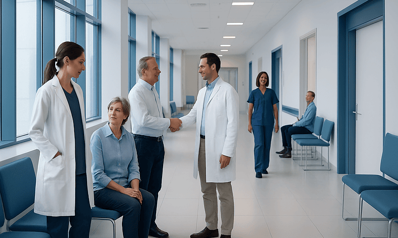 Doctors and nurses in a hospital corridor engaging in a discussion.