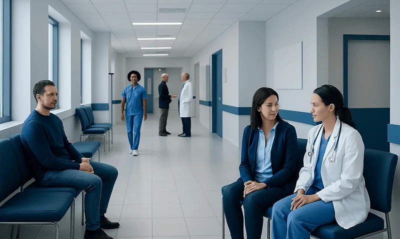 Patients waiting and doctors consulting in a modern hospital corridor.