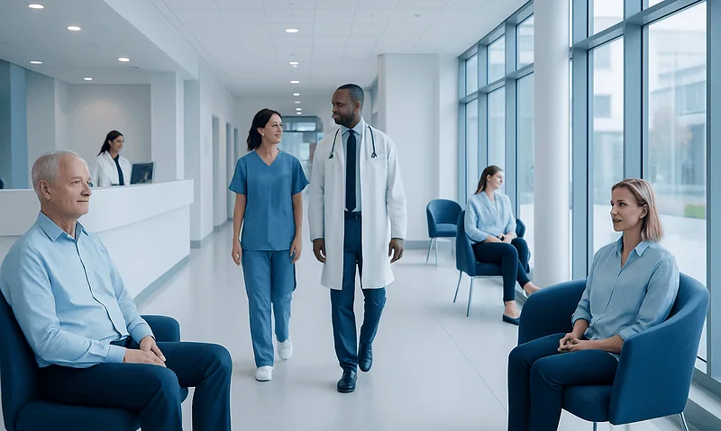 Medical professionals and patients in a modern hospital corridor.