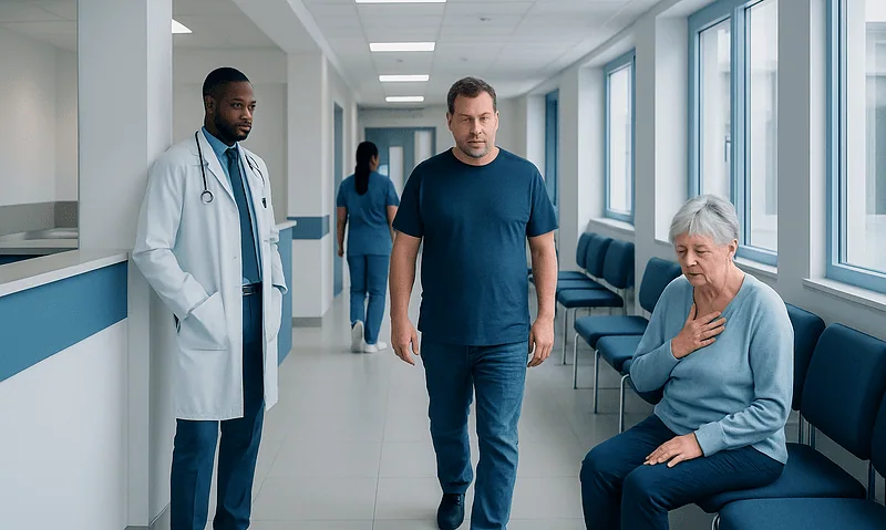 Heart Failure Symptoms: Early Warning Signs and When to See a Doctor 7 Patient experiencing chest discomfort in hospital corridor with medical staff nearby.