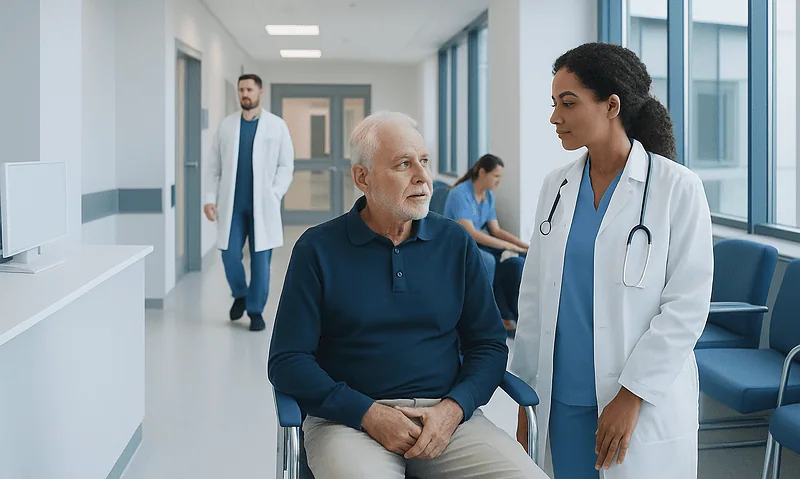 What Is Congestive Heart Failure? Causes, Stages, and Diagnosis 6 Doctor consulting with an elderly male patient in hospital corridor.