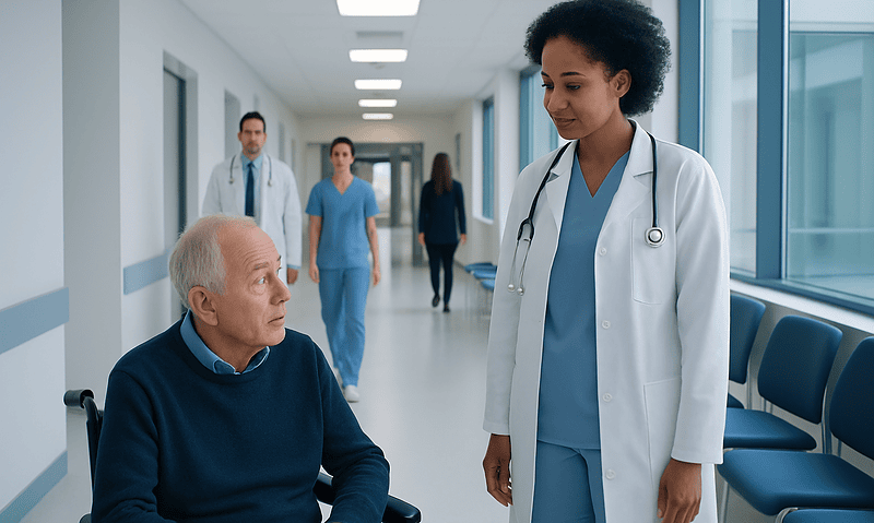 What Is Congestive Heart Failure? 2 Doctor talking to elderly patient in hospital corridor with staff in background.