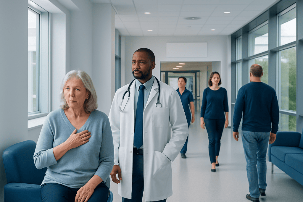 Heart Failure Symptoms: Early Warning Signs You Should Not Ignore 1 Doctor examining an elderly woman in a hospital corridor.
