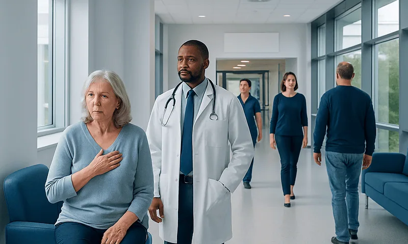 Heart Failure Symptoms: Early Warning Signs You Should Not Ignore 18 Doctor examining an elderly woman in a hospital corridor.