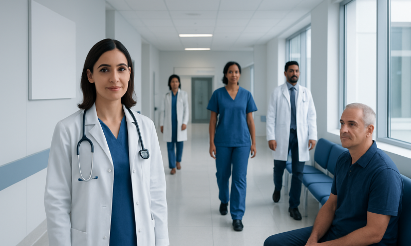 Heart Health: Daily Habits That Lower Cardiovascular Risk 16 Medical team in hospital corridor with doctor and patient.