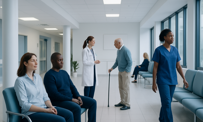 What Is a Normal Resting Heart Rate? 14 Patients and medical staff in a hospital waiting area.