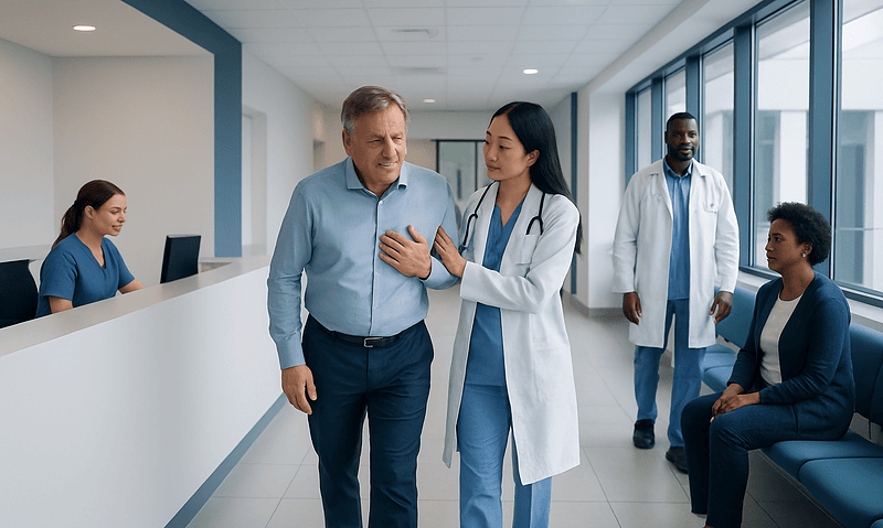 What Does a Heart Attack Feel Like? Symptoms, Differences, and Emergency Care 13 Doctor consulting a patient in a hospital corridor with medical staff nearby.