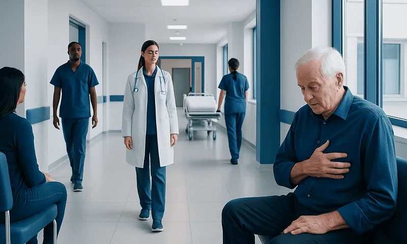 What Is a Dangerous Heart Rate? 12 Elderly man experiencing chest pain in hospital corridor with medical staff nearby.