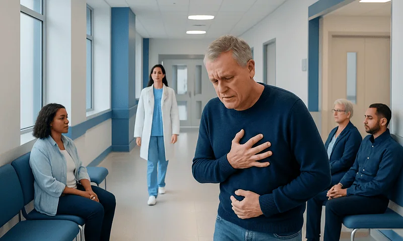 What Does a Heart Attack Feel Like? 9 Man experiencing chest pain in hospital corridor with medical staff and patients nearby.