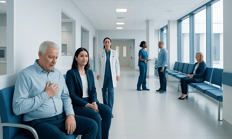 What Is a Heart Attack? 10 Patient experiencing chest pain in hospital waiting area with medical staff nearby.