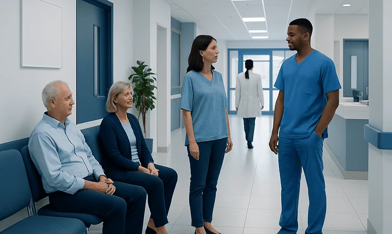How to Lower a High Resting Heart Rate 7 Healthcare professionals and patients in a hospital corridor at Acibadem Hospitals Group.