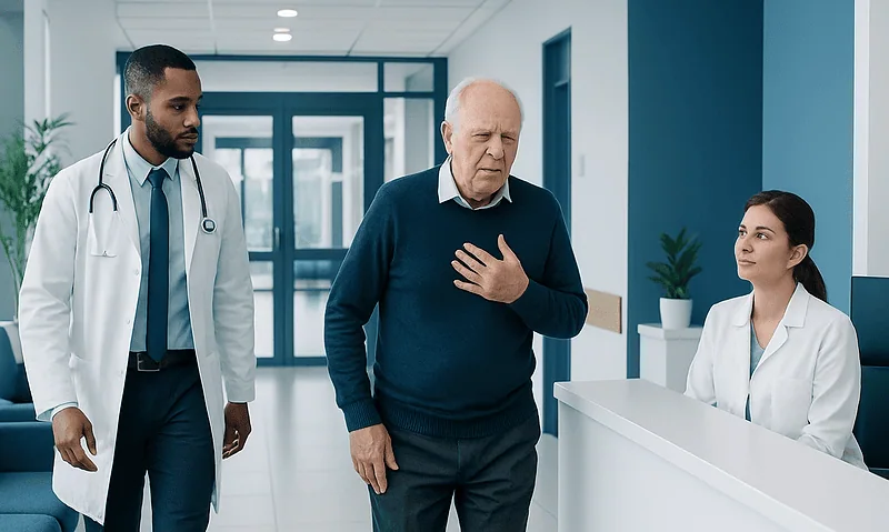 Heart Failure Symptoms: Early Warning Signs and When to Seek Help 5 Senior man experiencing chest discomfort in hospital corridor with medical staff.