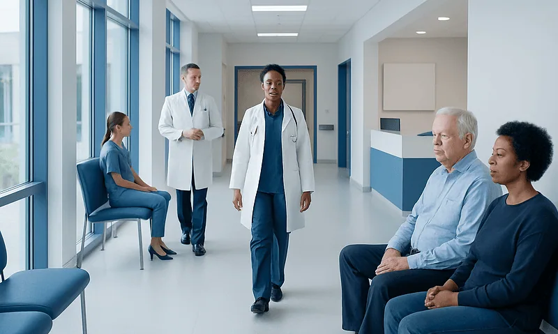 What Is Congestive Heart Failure? Causes, Types, and Diagnosis 3 Medical team consulting with patients in a hospital corridor.