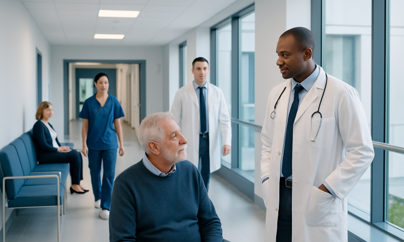 What Is Congestive Heart Failure? Causes, Symptoms, and How It Is Diagnosed 2 Doctor talking to elderly patient in hospital corridor with staff in background.