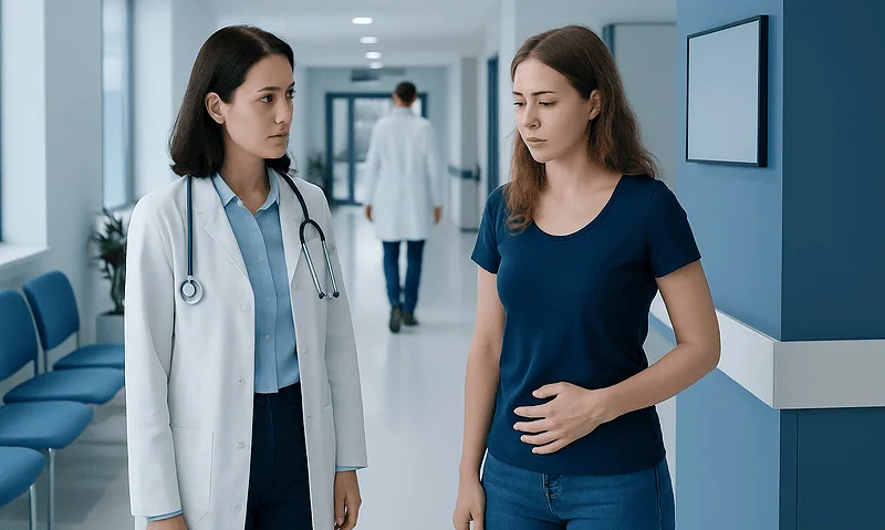 Doctor consulting a woman with abdominal pain in hospital corridor.