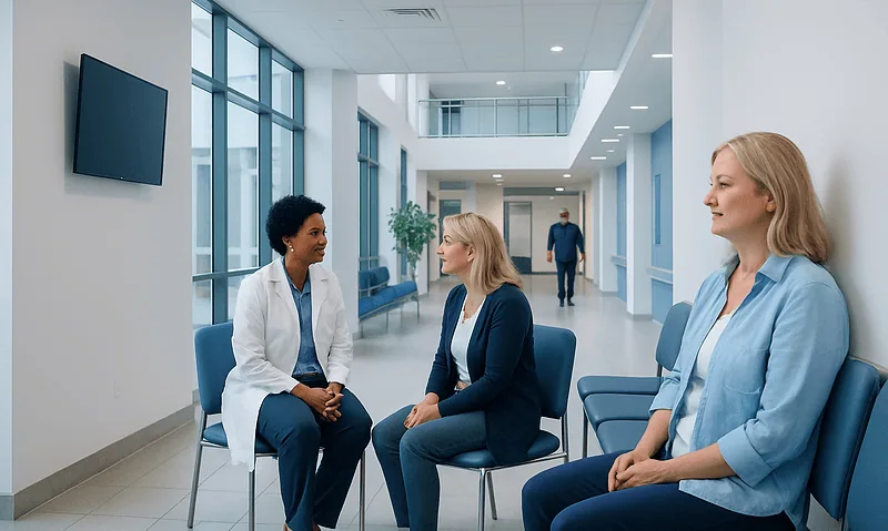 Medical consultation with healthcare professionals in a modern hospital corridor.