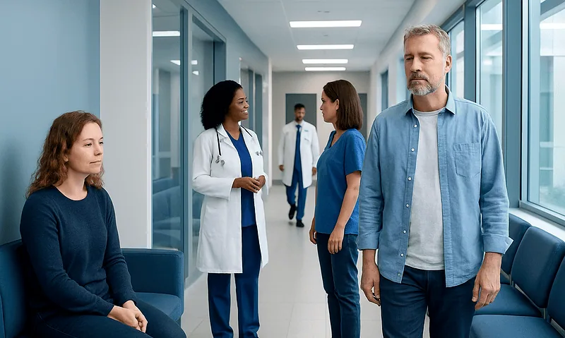 Patients and doctors in a hospital corridor discussing health concerns.