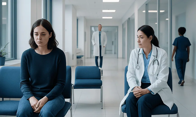 Patient waiting in hospital corridor with medical staff nearby.