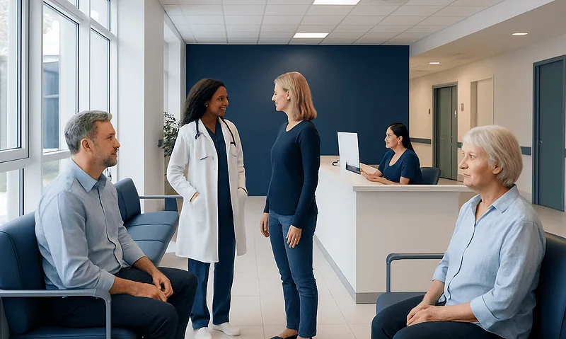 Doctor consulting with female patient in hospital corridor.