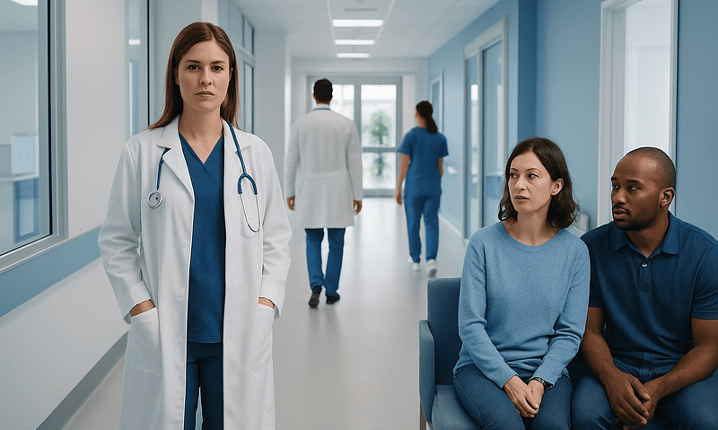Medical team in hospital corridor with patient and doctor.