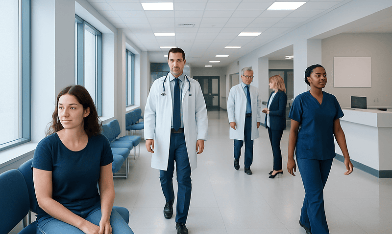 Medical staff and patients in a modern hospital corridor.